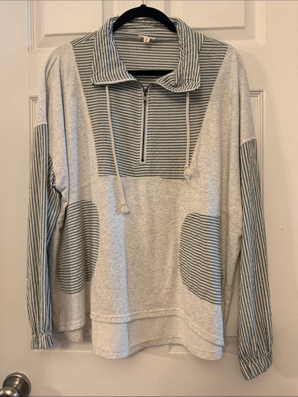 Hem & Thread Light Gray Pullover with Green Stripe Panels